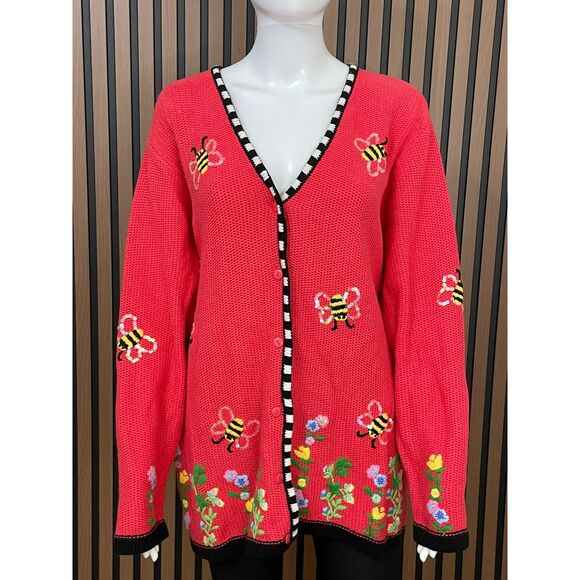 Quacker Factory Women's L Pink Sweater Ramie Cardigan Bees Floral Embroidered - Picture 1 of 8